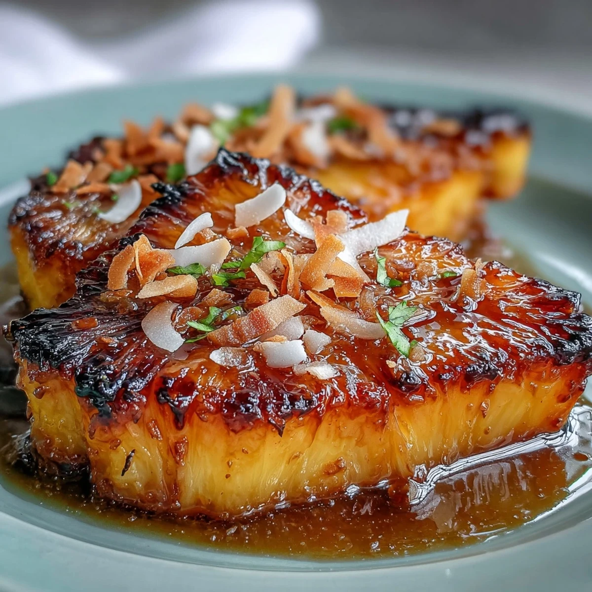 Juicy roasted pineapple glazed with honey and lime, topped with golden toasted coconut for a tropical dessert.