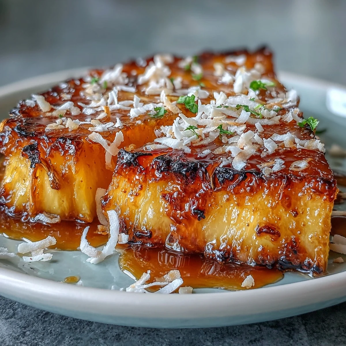 Honey-lime glazed pineapple wedges caramelized to perfection, finished with fragrant toasted coconut for a sweet treat.