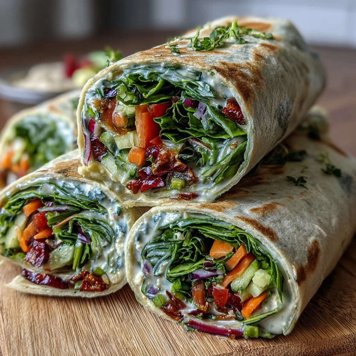 Fresh spinach tortillas filled with crisp spring vegetables and creamy hummus, perfect for a healthy vegetarian lunch or snack.  
