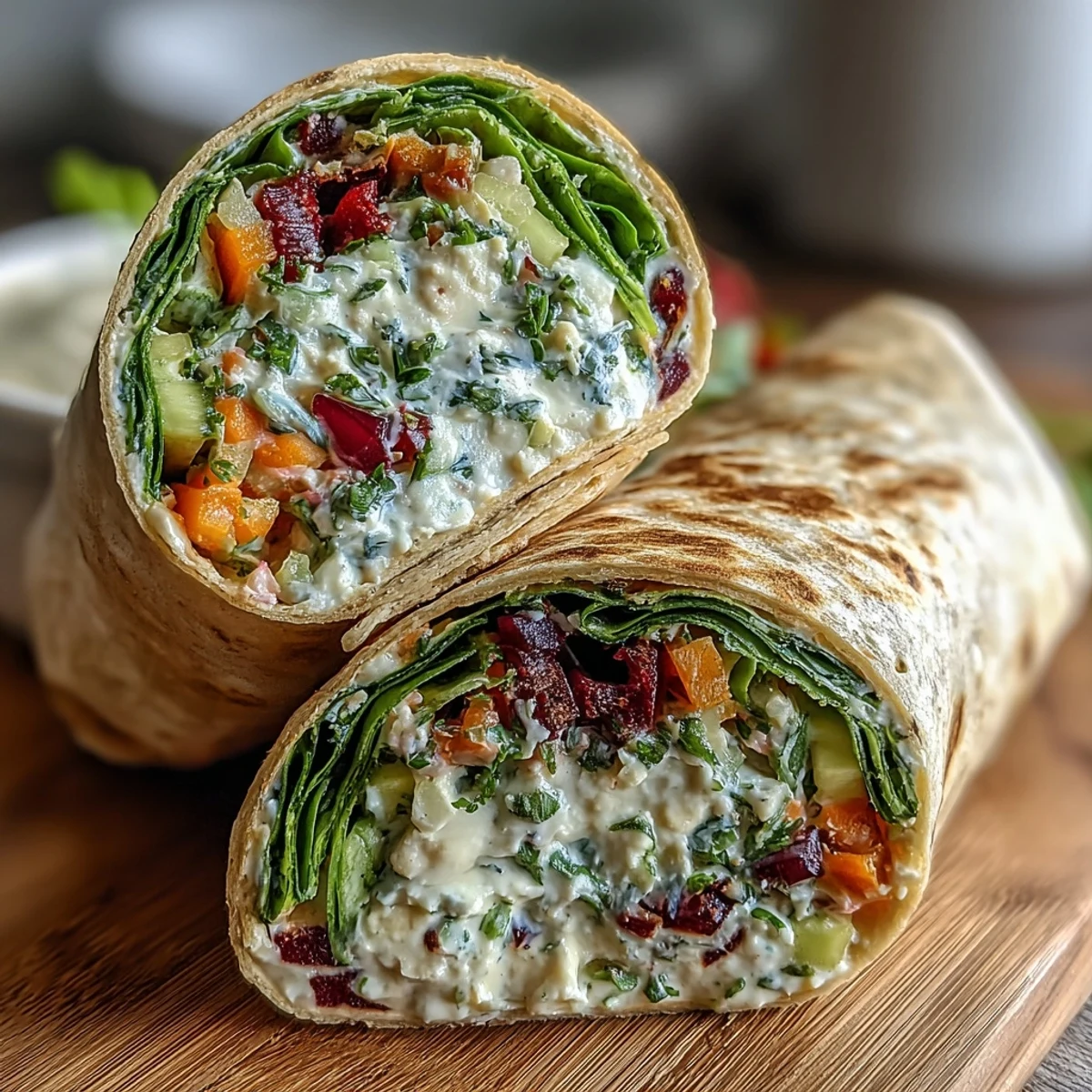 Colorful spring vegetable and hummus wraps in spinach tortillas, bursting with crunchy carrots, cucumber, and radishes for a refreshing meal.  