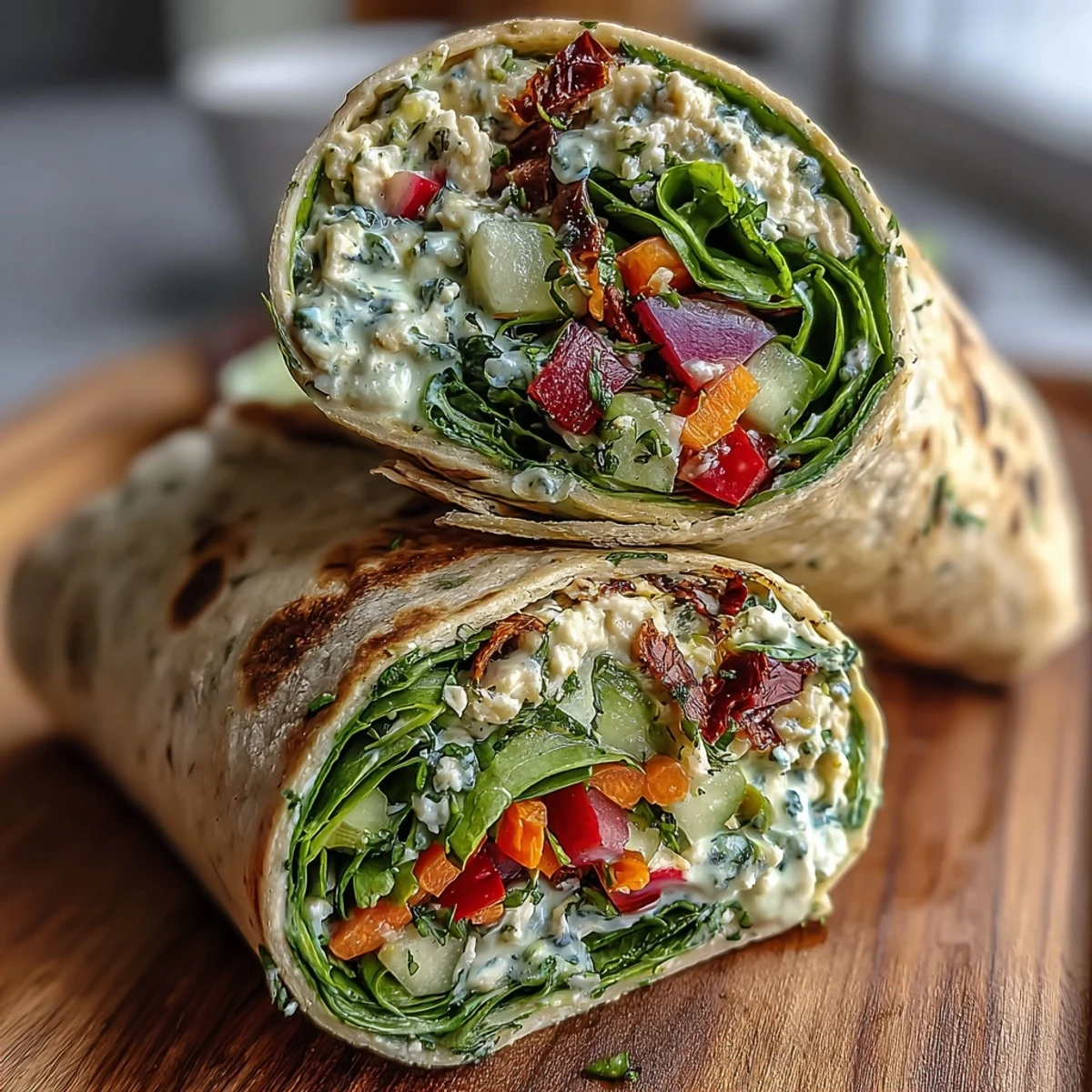 Delicious vegetarian wraps with hummus and fresh spring vegetables rolled in vibrant spinach tortillas, ideal for a quick, wholesome dinner.