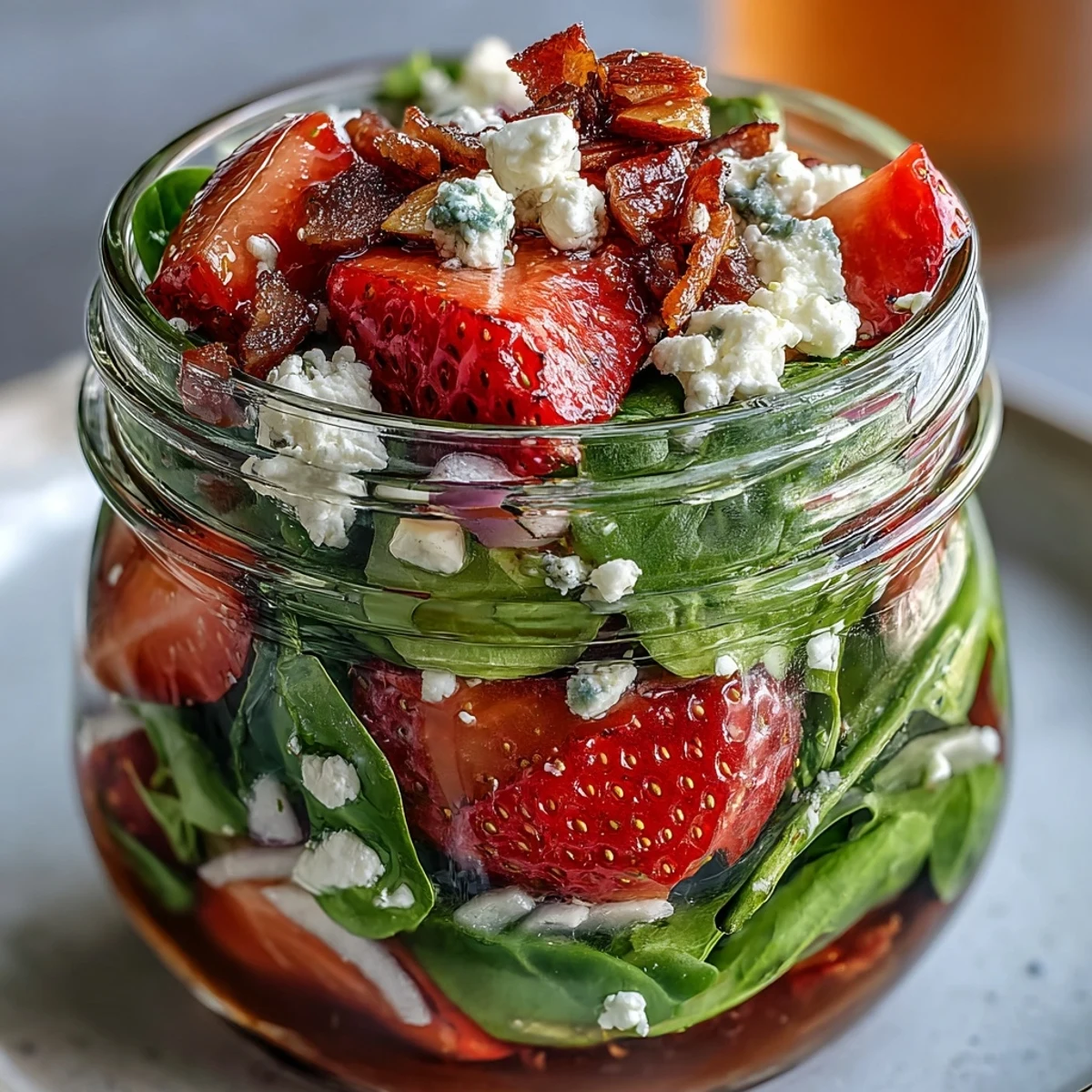 Strawberry and spinach mason jar salad with balsamic dressing, layered with fresh berries, feta cheese, and toasted almonds.