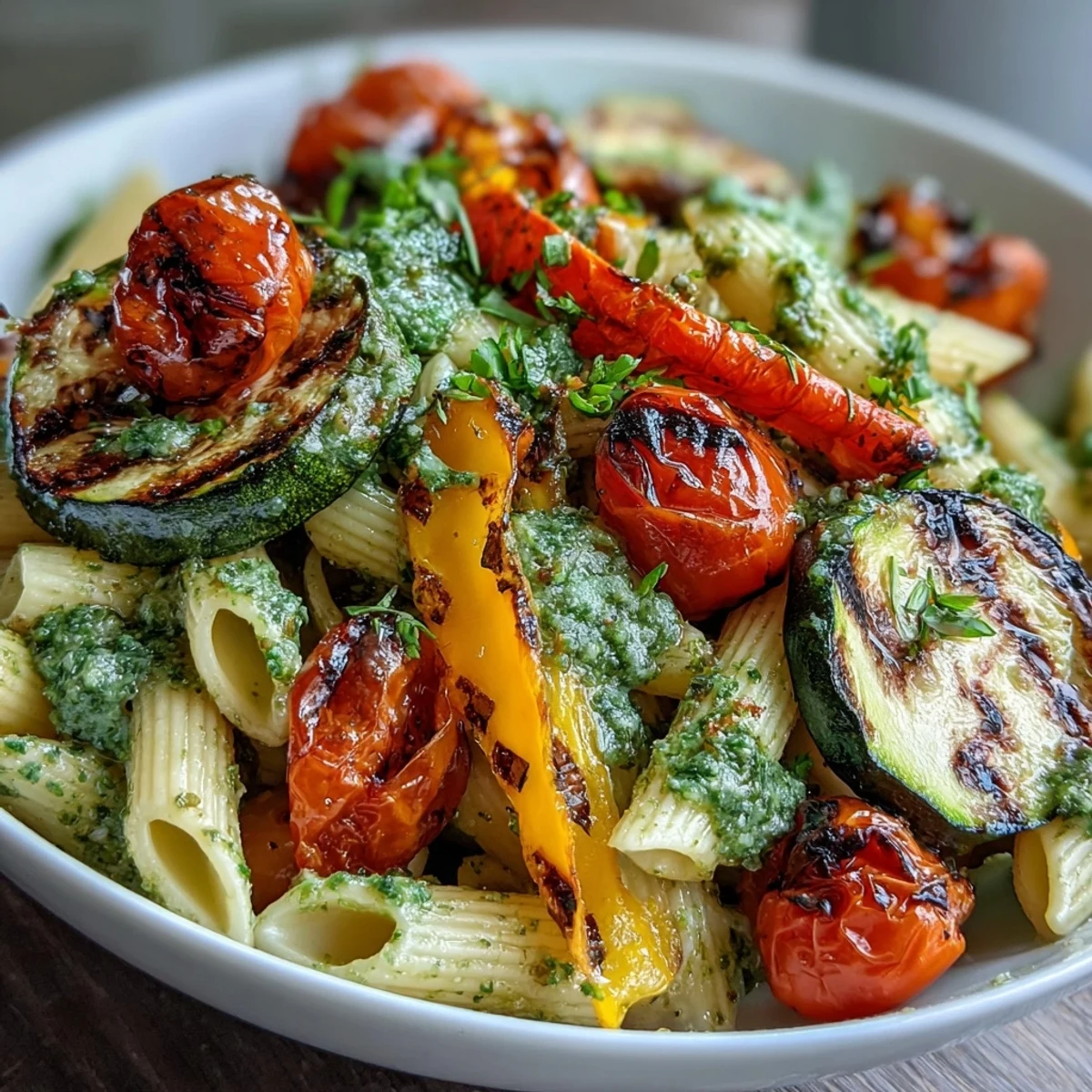 Creamy basil pesto coats penne pasta mixed with caramelized roasted vegetables and juicy cherry tomatoes.  