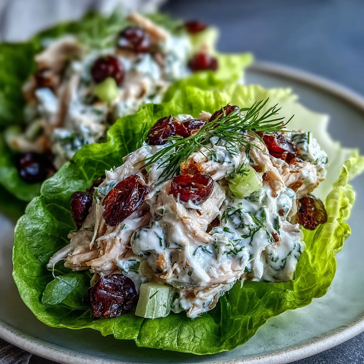 Greek yogurt chicken salad lettuce wraps with fresh herbs and grapes, served in crisp lettuce leaves for a healthy, protein-packed meal.