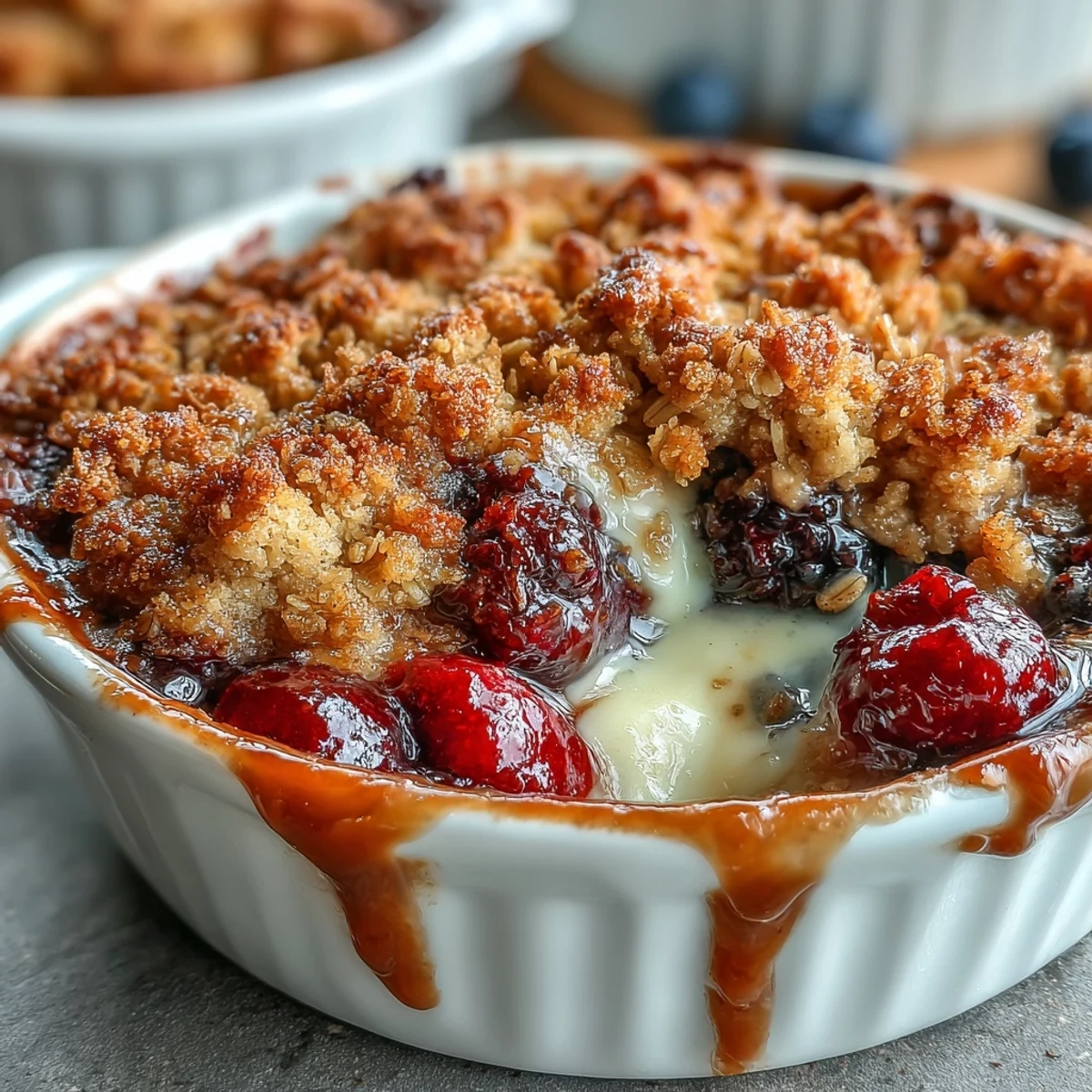 A comforting small batch berry crumble with a crunchy oat topping, served warm and perfect for two.