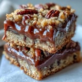 A close-up shot highlights gooey caramel melting into chocolate and toasted pecans on these Decadent Sweet and Chewy Turtle Bars with Chocolate and Caramel.