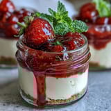 Individual jars showcase luscious cheesecake topped with vibrant strawberry compote, garnished with fresh mint and whole berries.  