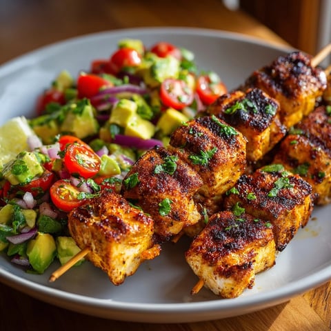 Juicy Spiced Grilled Chicken Skewers glistening, served with creamy Avocado Salsa, ready to eat.