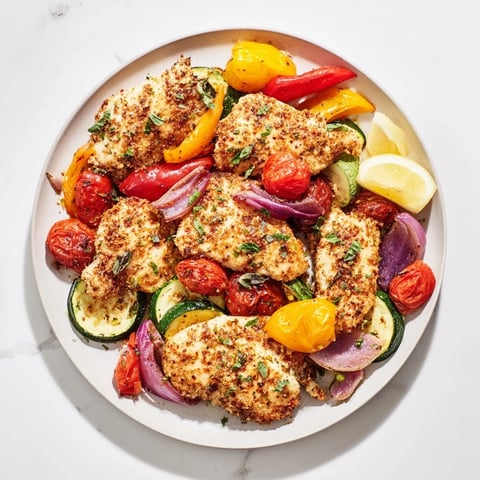 Golden Sheet Pan Lemon Oregano Chicken Cutlets showcasing colorful roasted vegetables and juicy chicken.