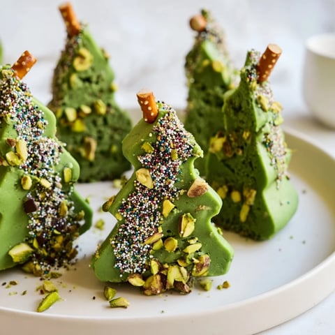 Warm, chewy Matcha Pistachio Christmas Tree Blondie Bars, sprinkled with colorful holiday decorations atop the unique cut shapes.
