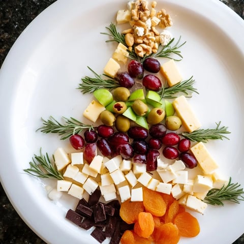 A beautifully arranged Cranberry Joy Tree Board loaded with cheese, fruit, and rosemary sprigs for a holiday treat.