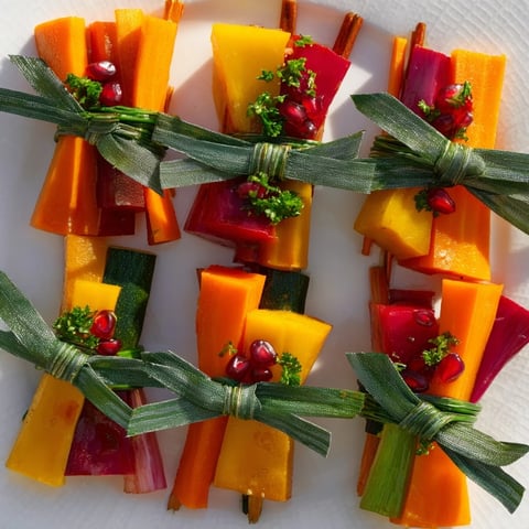Vibrant Christmas Present Veggie Crates, roasted to perfection, garnished with fresh chives and pomegranate seeds.