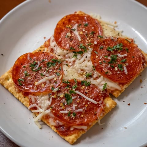 Visually appealing Savory Bites: Pepperoni stacked on crackers, cheese melting beautifully in a hot oven.