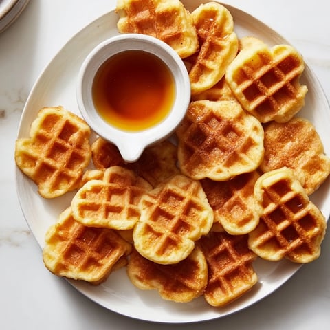 Golden-brown waffle quarters, perfect for dipping, create a delicious sweet treat with the syrup.