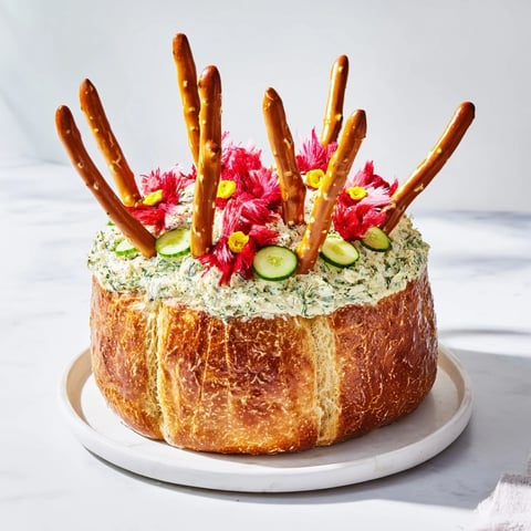 Savory and sweet Desert Cactus Bloom appetizer, featuring pretzel "needles" and bright fruit leather flowers.