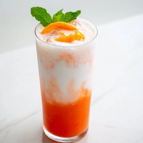 A vibrant, layered Alpine Sunrise mocktail, a refreshing, non-alcoholic drink for brunch.