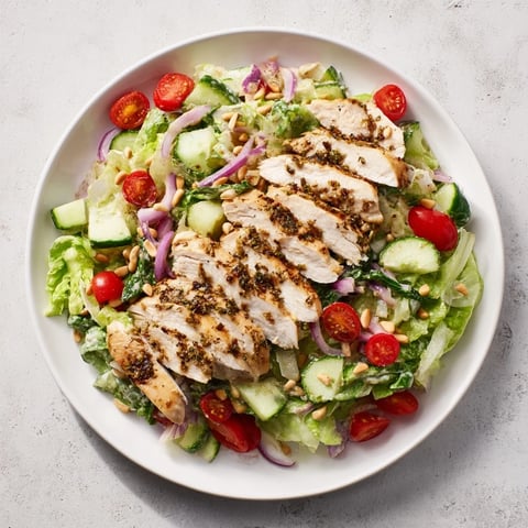 Grilled chicken Caesar Pasta-less Bowl with crisp romaine, creamy dressing, and Parmesan, ready to enjoy.