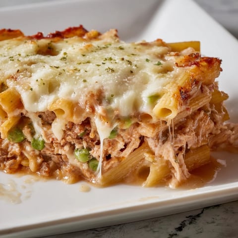 A warm baked Moist Maker Pasta Casserole with bubbling cheese and a rich gravy center, ready to serve.