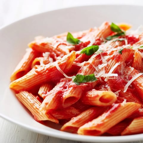 Steaming bowl of Microwave Bowl Pasta, coated in rich marinara; ready to enjoy.