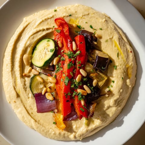 Hummus roasted veggies, a vibrant platter of charred vegetables atop creamy hummus.