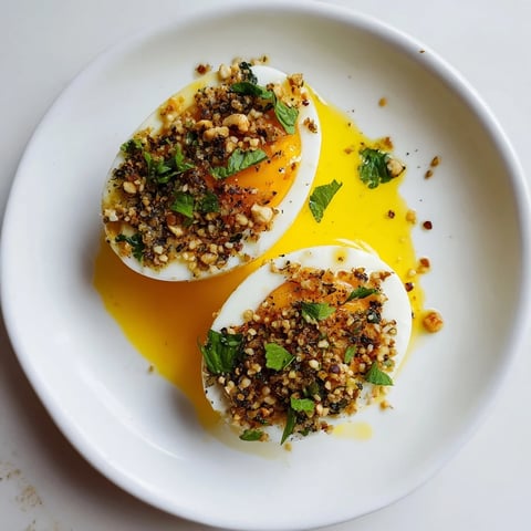 Dukkah-Spiced Eggs are a colorful brunch, featuring sliced eggs sprinkled with flavorful dukkah spice.