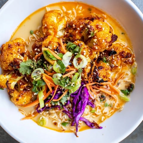 Steaming bowl of Chaos Cooking Buffalo Cauliflower Ramen with vibrant toppings and rich broth.