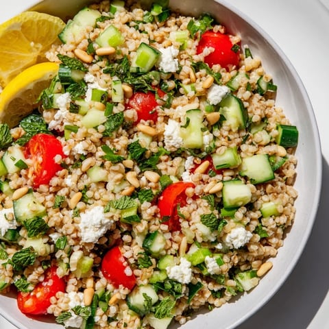 Vibrant tabbouleh grain bowl with fresh vegetables, parsley, and a tangy lemon dressing; a visual feast.