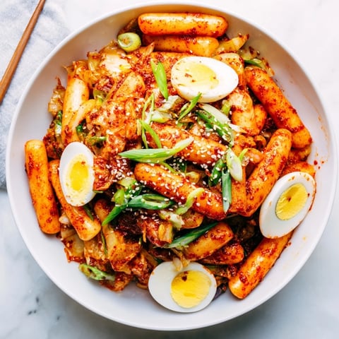 Bright red, spicy Korean tteokbokki simmering in a glossy gochujang sauce, with green onions and sesame seeds on top, served hot.
