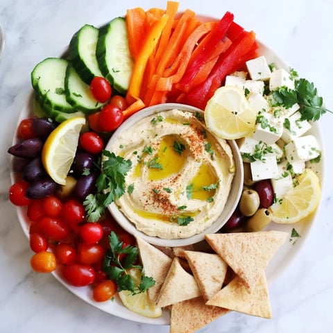 A vibrant Middle Eastern Mezze Platter with creamy hummus, crumbled feta, crisp vegetables, olives, and warm pita triangles.