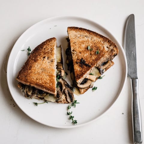Golden, melted Swiss cheese and sautéed mushrooms peek out from crispy, buttery rye bread in this savory Mushroom Swiss Grilled Cheese.