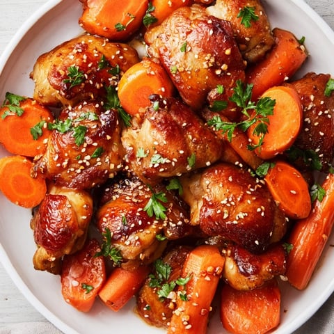 Sheet Pan Honey Garlic Chicken & Veg roasted with vibrant red bell peppers and asparagus, served over fluffy white rice.