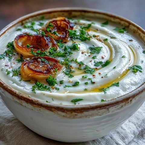 A warm bowl of Roasted Garlic Soup garnished with fresh parsley and crunchy croutons, ready to enjoy.