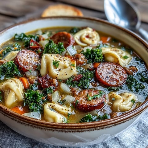 Creamy Pumpkin Tortellini Soup with chicken sausage and kale in a rustic bowl, steam rising from the hearty autumn meal.