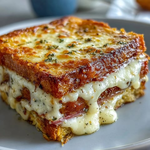 Golden, puffed Croque Monsieur Casserole bubbling with Gruyère and creamy béchamel sauce.