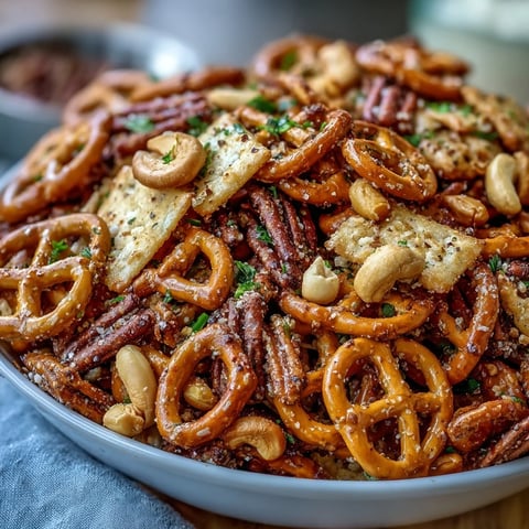 Golden baked Everything Ranch Cheese and Pretzel Snack Mix glistens on a parchment-lined baking sheet, loaded with pretzels, crackers, and cashews.