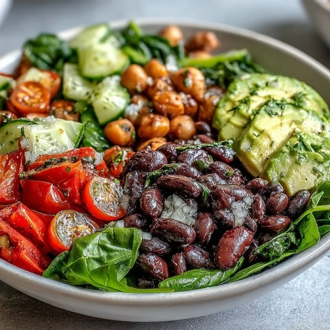 A vibrant Three-Bean Power Bowl with quinoa, fresh diced vegetables, and creamy avocado slices.