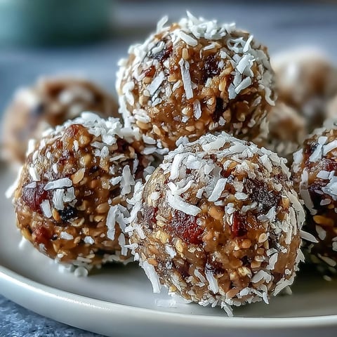 Twelve roasted Hojicha Energy Balls rolled in shredded coconut on a wooden platter.