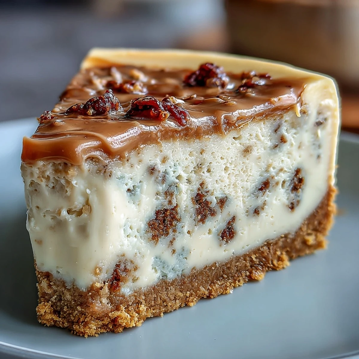 Freshly baked Hojicha Cheesecake with a rich, roasted tea aroma sits on a cooling rack, featuring a marbled top and golden graham cracker crust.