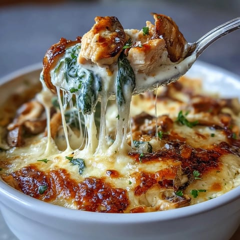 Golden, bubbly mozzarella tops the Chicken Spinach & Mushroom Low Carb Oven Dish, fresh from the oven.