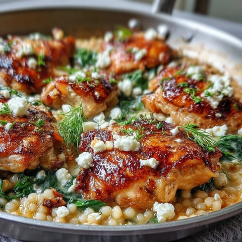 Creamy Greek Chicken & Pearl Couscous Bake with golden chicken thighs and melted feta in a skillet.