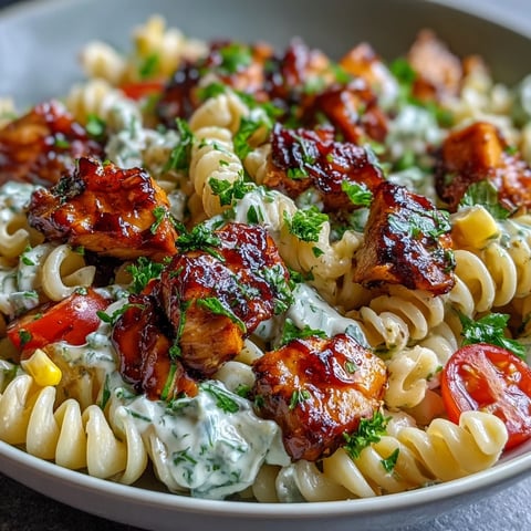 A vibrant bowl of Honey BBQ Chicken Pasta Salad with juicy chicken, crisp veggies, and creamy dressing.