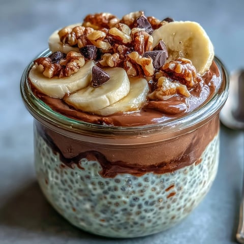 Overnight layered Chunky Monkey Chia Pudding with sliced bananas and chocolate chips ready to serve chilled.