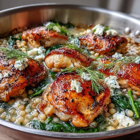 Golden brown chicken thighs rest atop a creamy, lemony pearl couscous bake, garnished with fresh dill and crumbled feta.