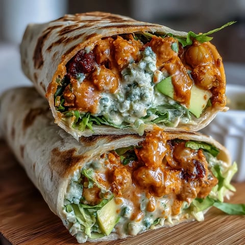 Vegan buffalo chickpea salad wraps with creamy buffalo chickpeas, crisp veggies, and avocado wrapped in a soft tortilla.