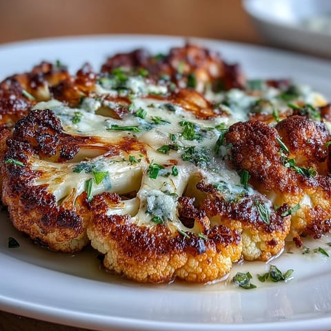 Golden roasted cauliflower steaks with a crispy garlic-Parmesan crust, perfect as a low-carb vegetarian main or side dish.  