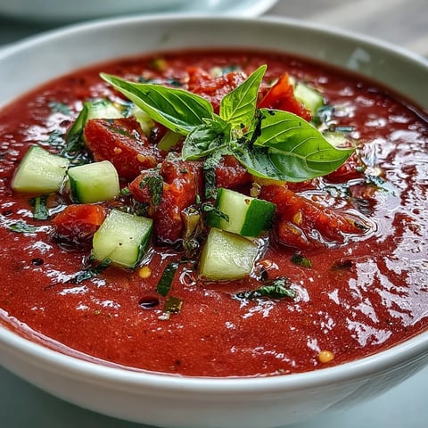 A vibrant bowl of Slim Summer Gazpacho with cucumber, tomato, and bell pepper, garnished with fresh herbs and a drizzle of olive oil.