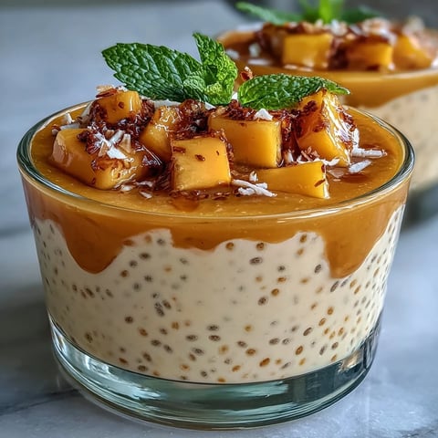 Vibrant vegan mango sago-inspired chia pudding cups with creamy coconut milk and fresh mango puree.