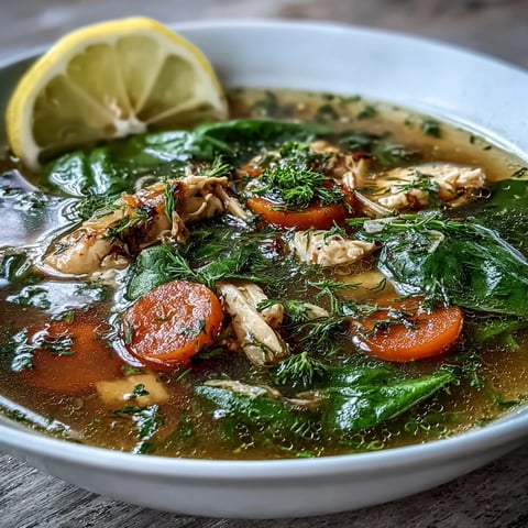 A steaming bowl of One-Pot Chicken and Veggie Detox Soup with tender chicken, fresh herbs, and bright lemon slices.  