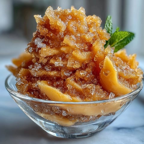 Vibrant mango sorbet granita with delicate icy crystals, served in chilled glasses for a refreshing summer dessert.  