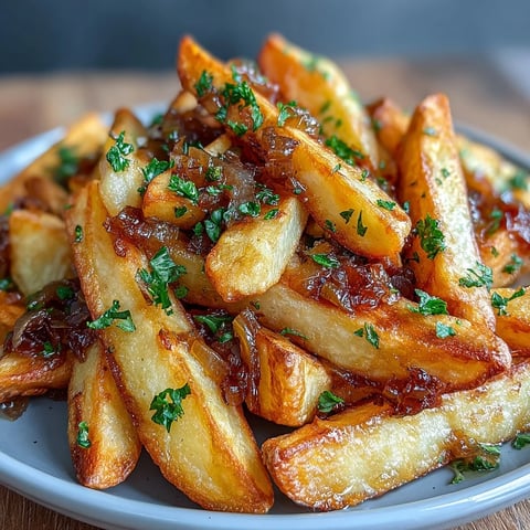 Crispy oven-baked steak fries coated in rich caramelized onion and garlic butter for a savory side dish.